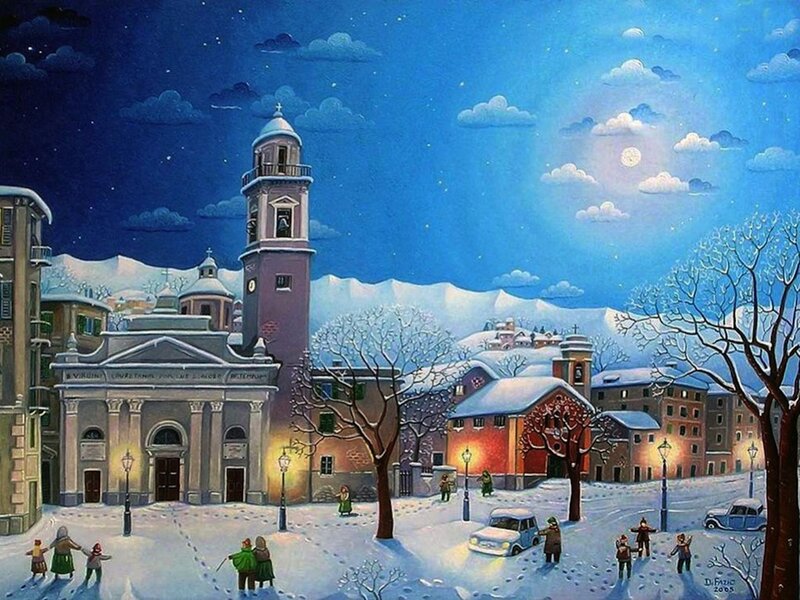 Snowy Town Square — Blue, Serene