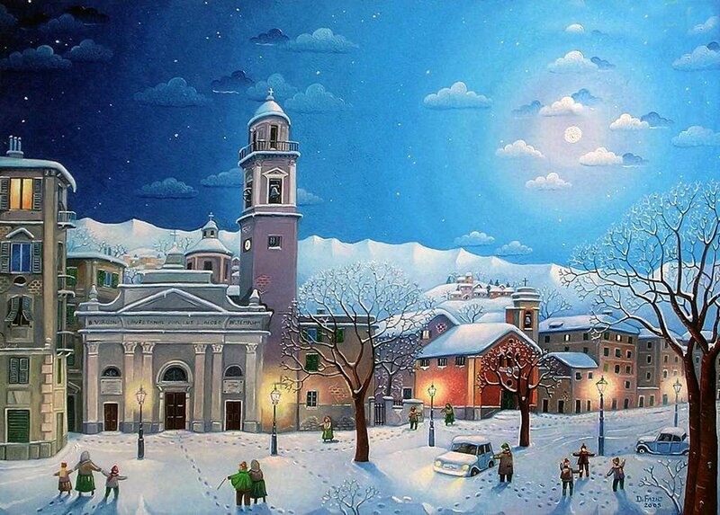 Snowy Town Square — Blue