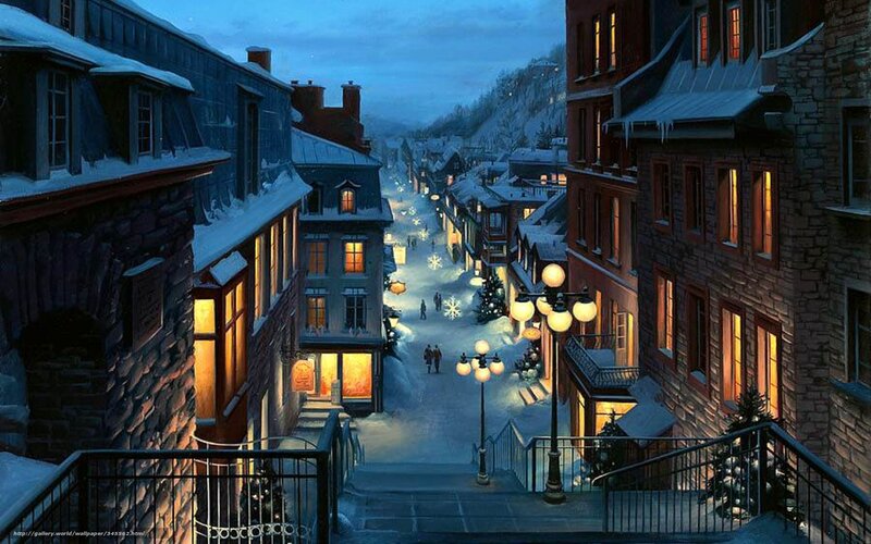 Snowy Town Street — Blue, Serene