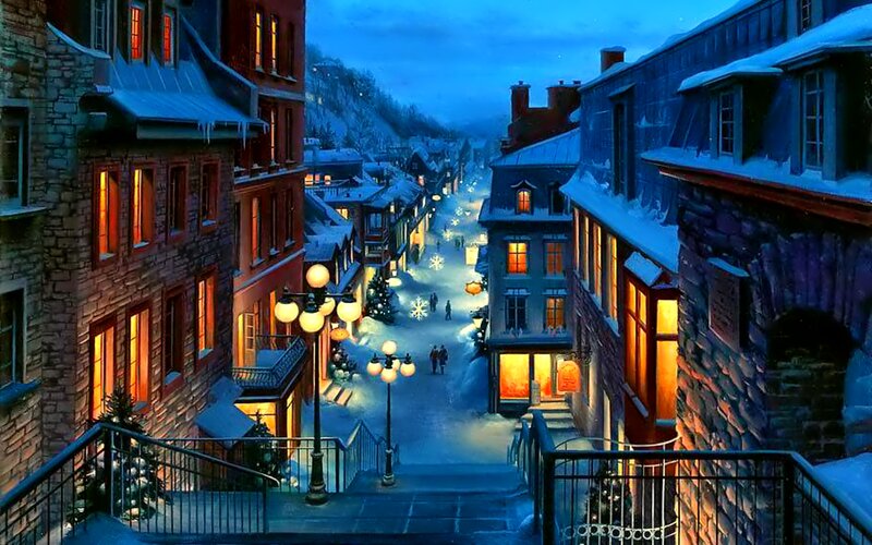 Snowy Town Street — Blue