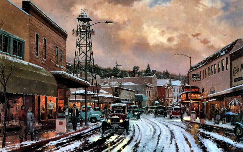 Snowy Town Street — Brown
