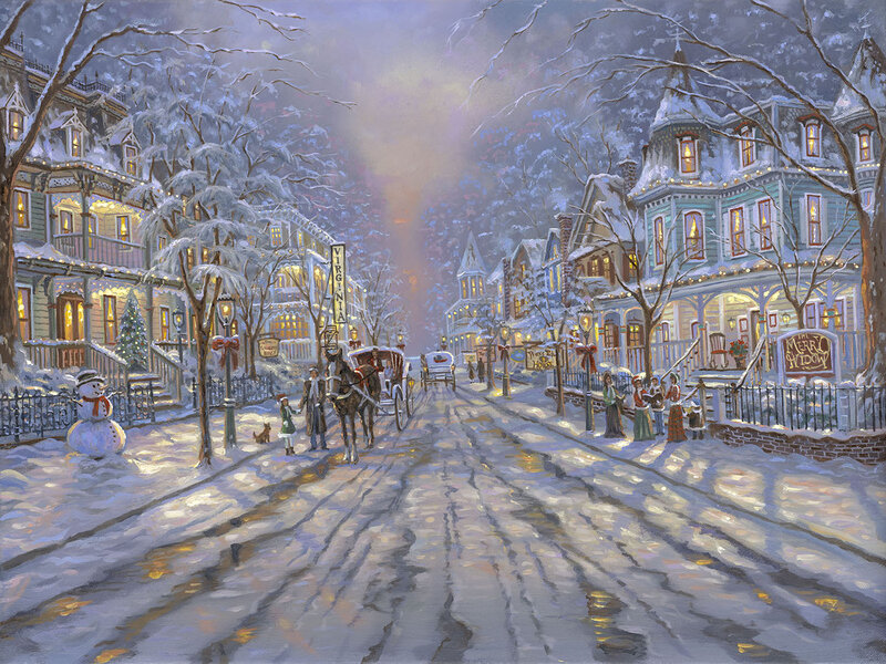 Snowy Town Street — White, Festive