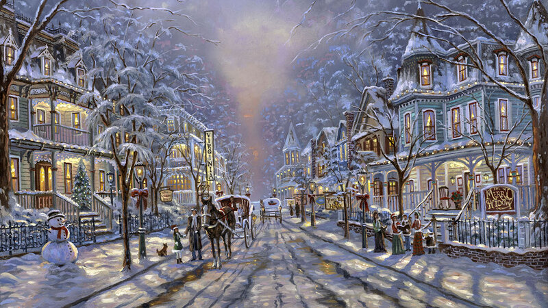Snowy Town Street — White, Festive, Winter, Painting, Horse-drawn Carriage, Snowman, Buildings