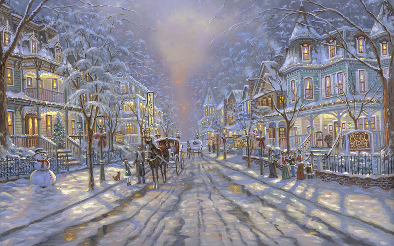 Snowy Town Street — White, Festive, Winter, Painting
