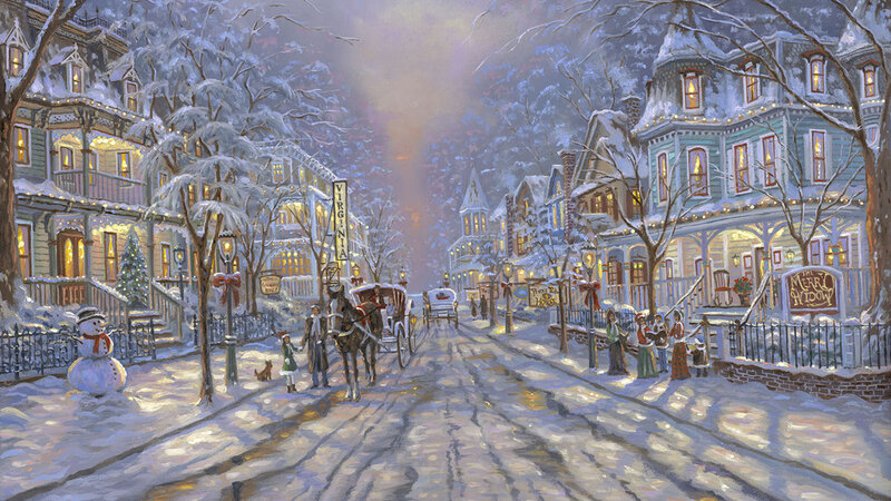 Snowy Town Street — White, Festive, Winter