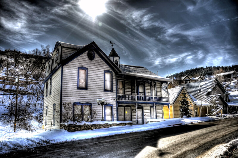 Snowy town with old houses