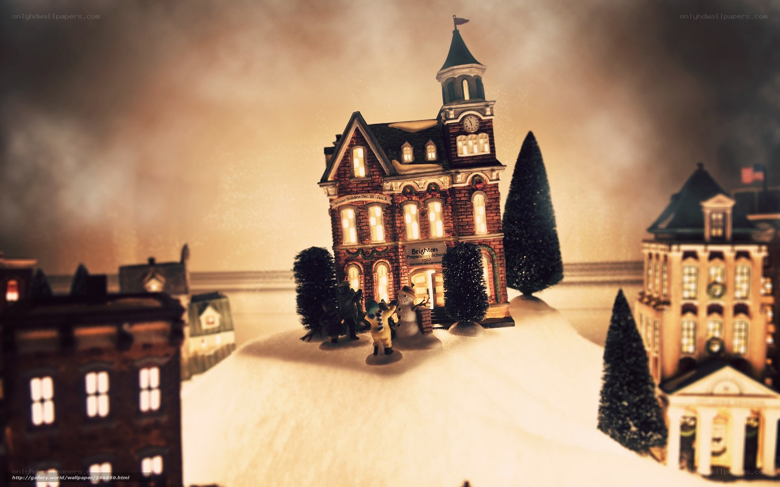 Snowy town with school building