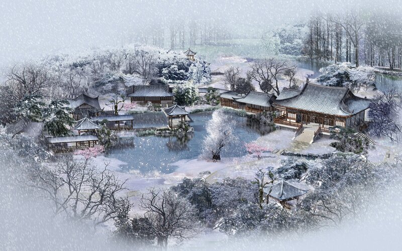 Snowy traditional garden