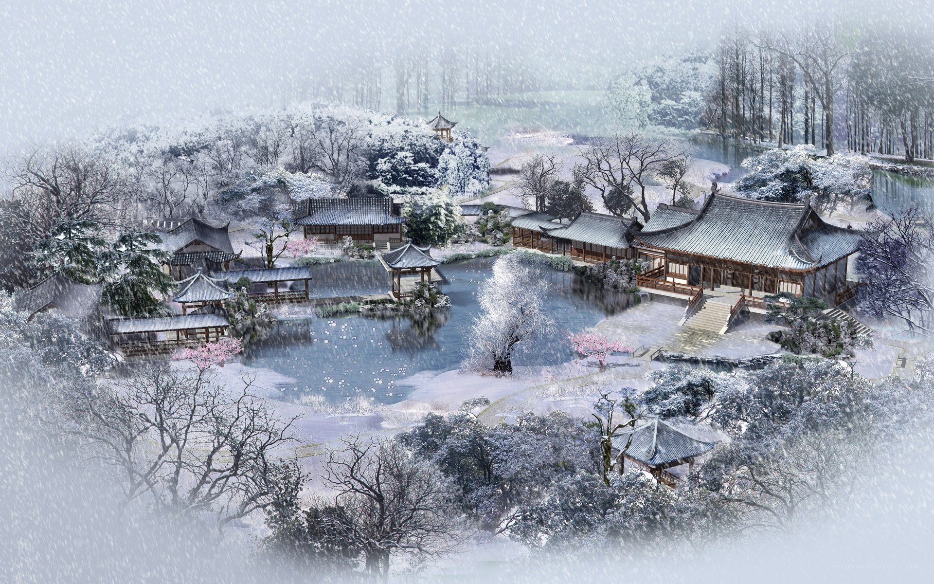 Snowy traditional garden