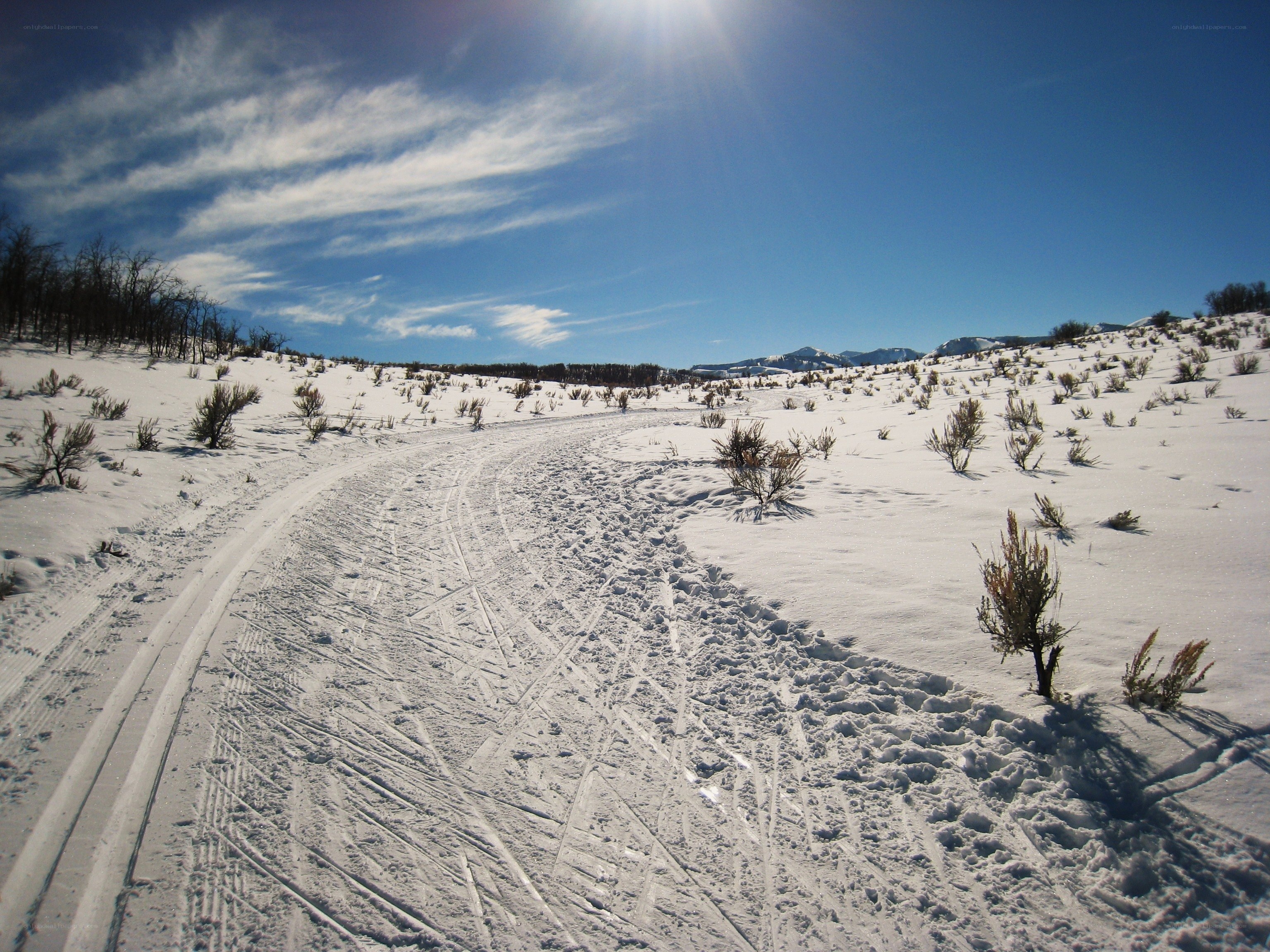 Snowy trail in mountain landscape