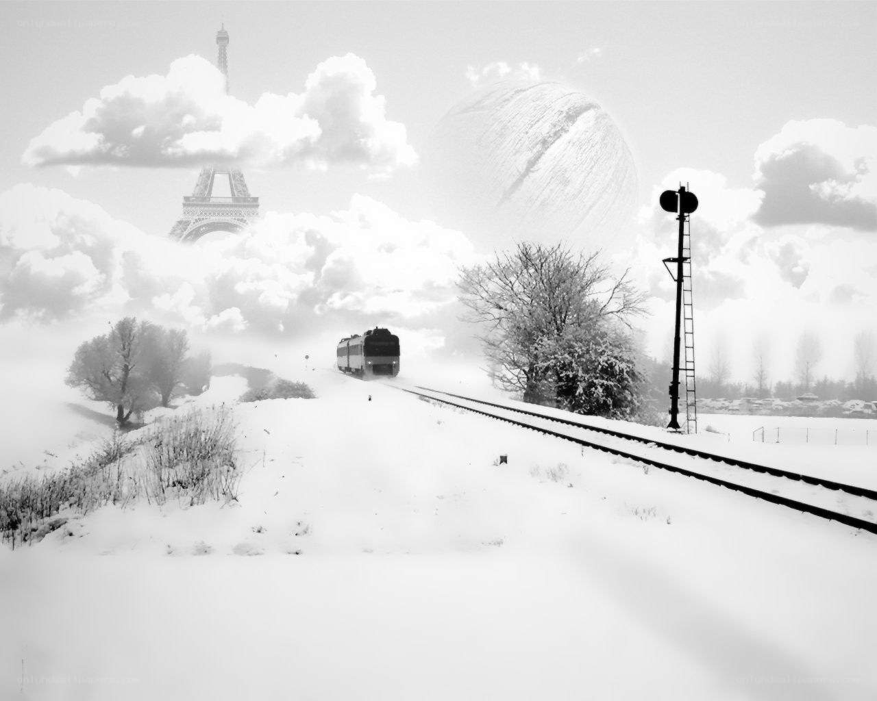 Snowy train journey with Eiffel Tower