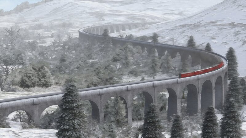snowy train on a curved bridge
