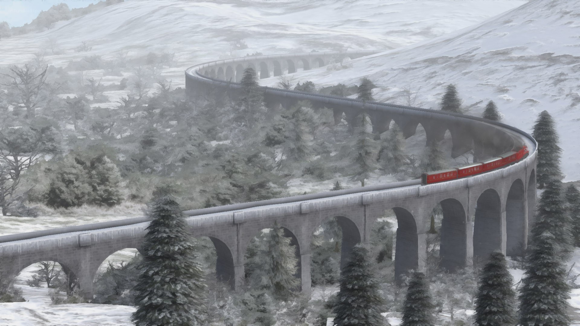 snowy train on a curved bridge
