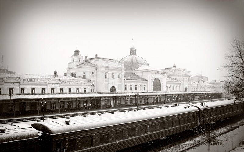 snowy train station scene