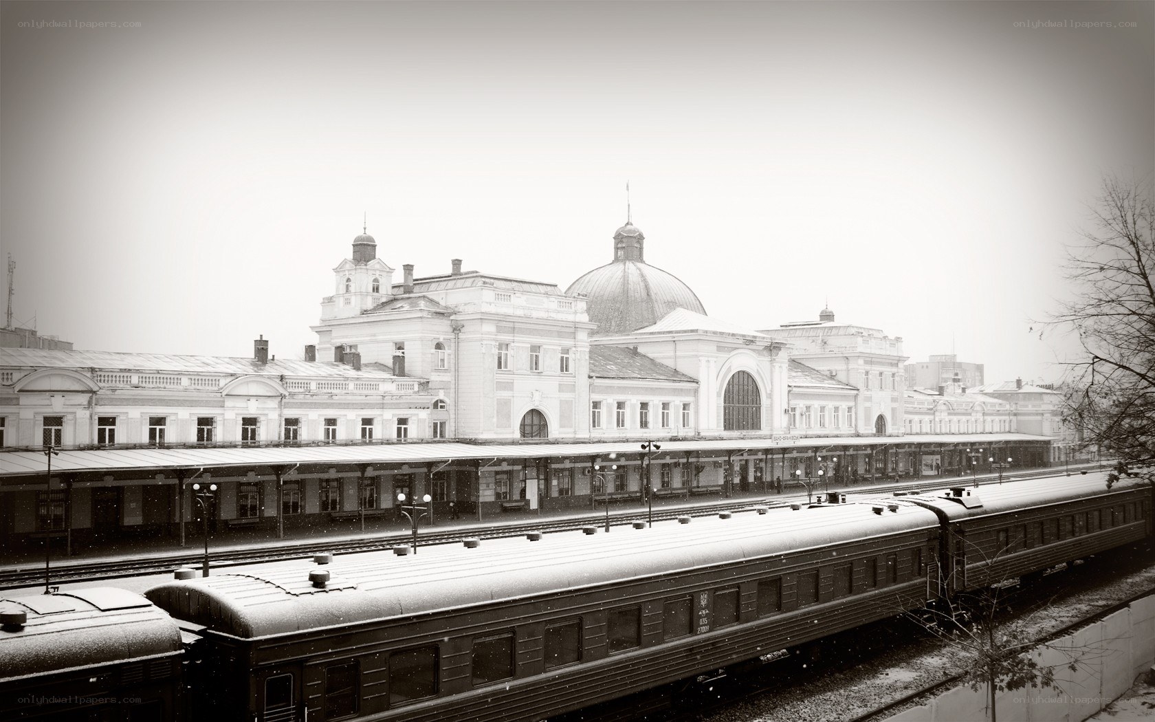 snowy train station scene