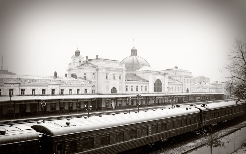 snowy train station scene