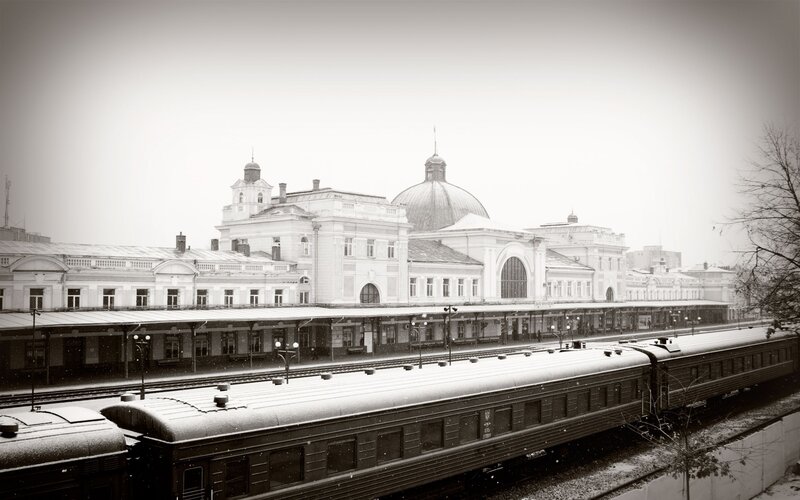 snowy train station scene