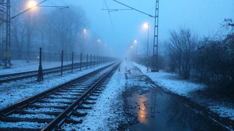 Snowy Train Tracks — Blue