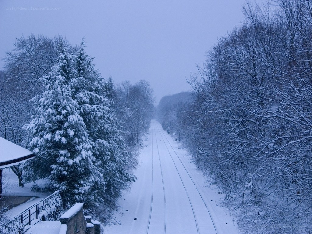 Snowy train tracks in winter