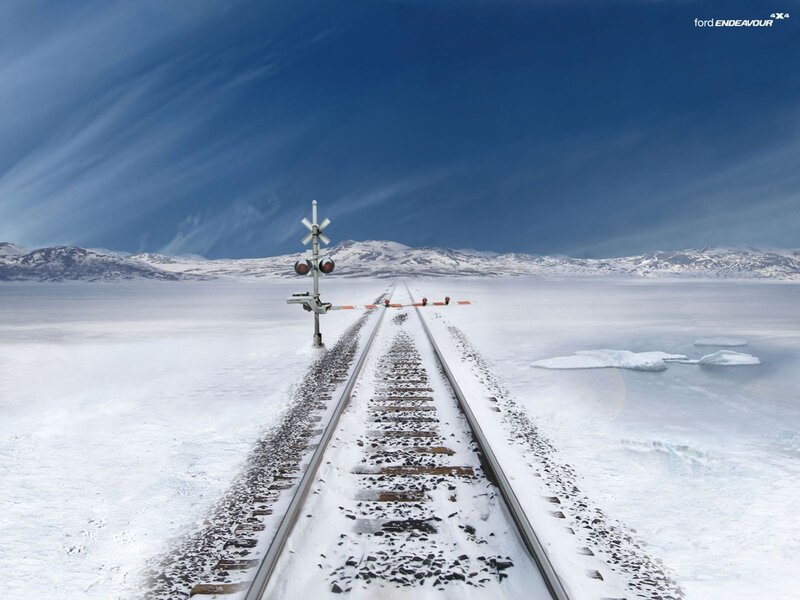 Snowy train tracks in winter