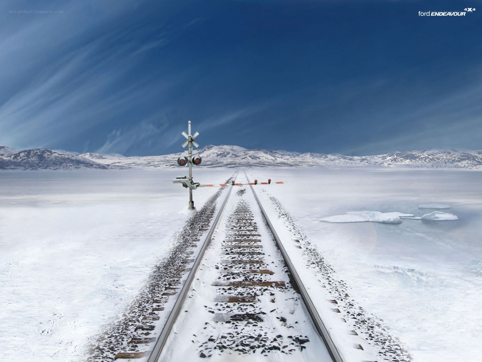 Snowy train tracks in winter