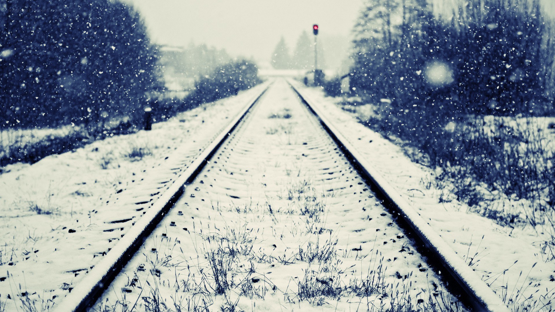 snowy train tracks in winter