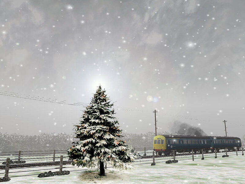 Snowy train with Christmas tree
