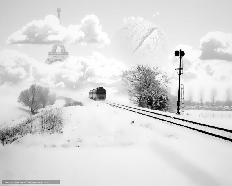 Snowy train with Eiffel Tower