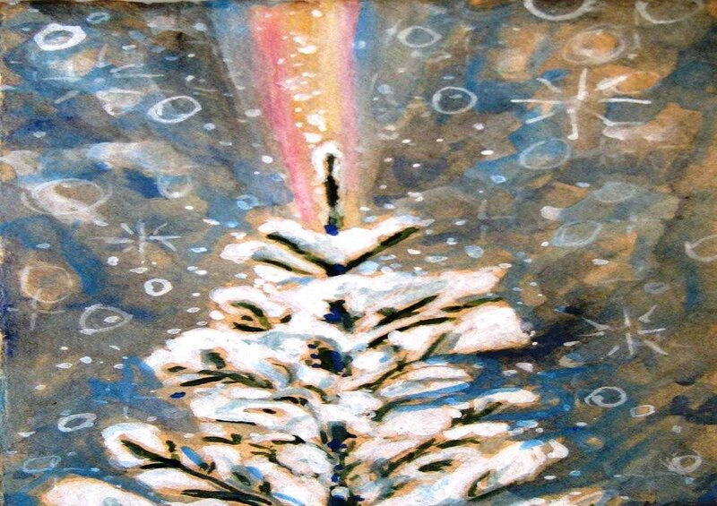 snowy tree with light beam