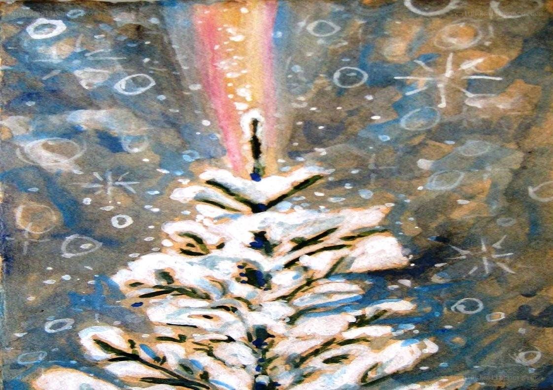 snowy tree with light beam