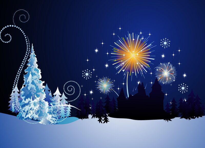 Snowy Trees and Fireworks