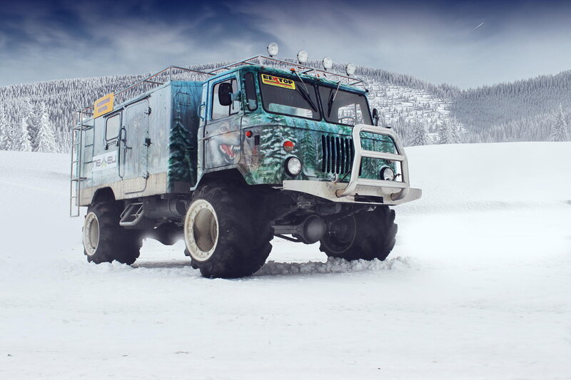 snowy truck in winter landscape