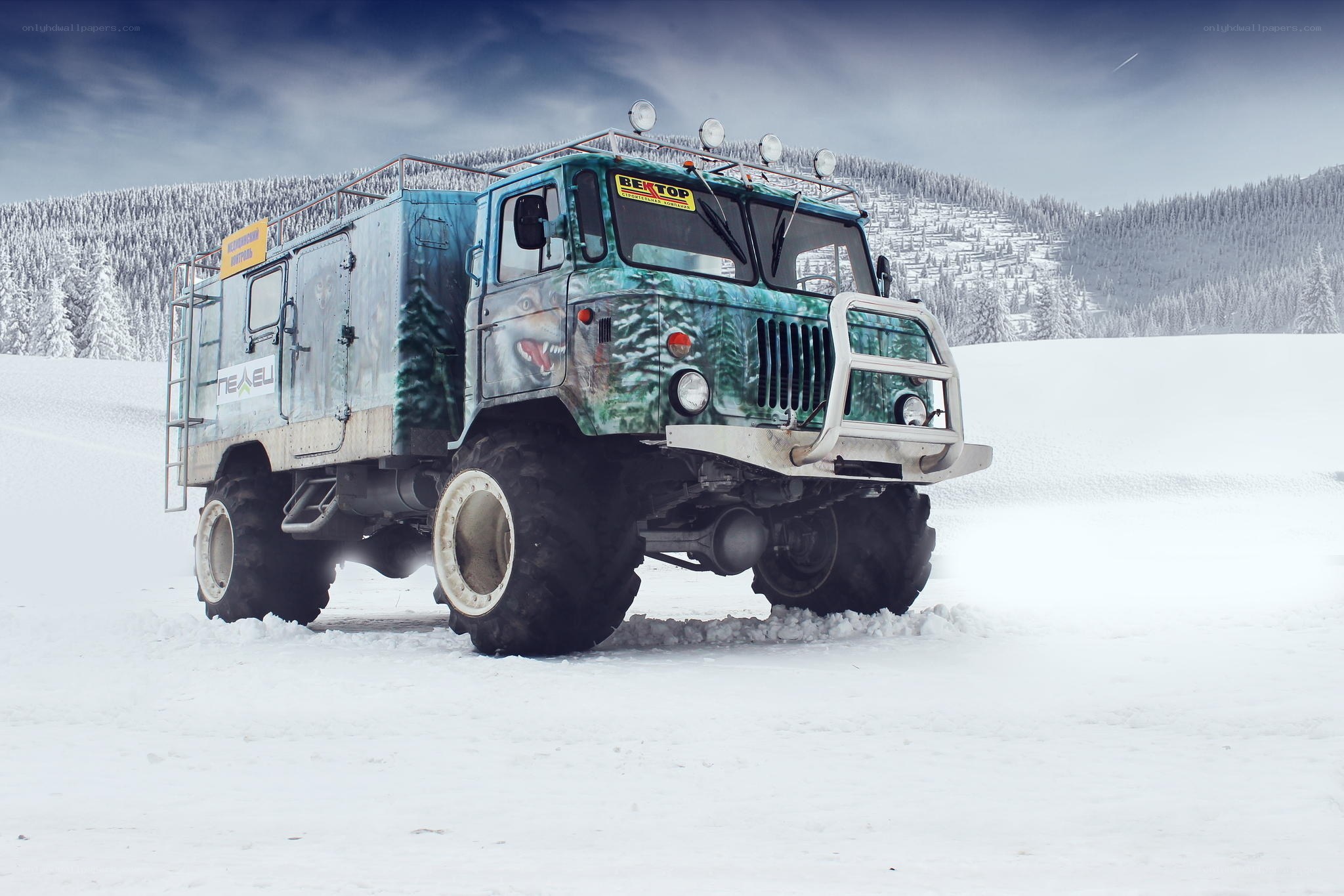 snowy truck in winter landscape
