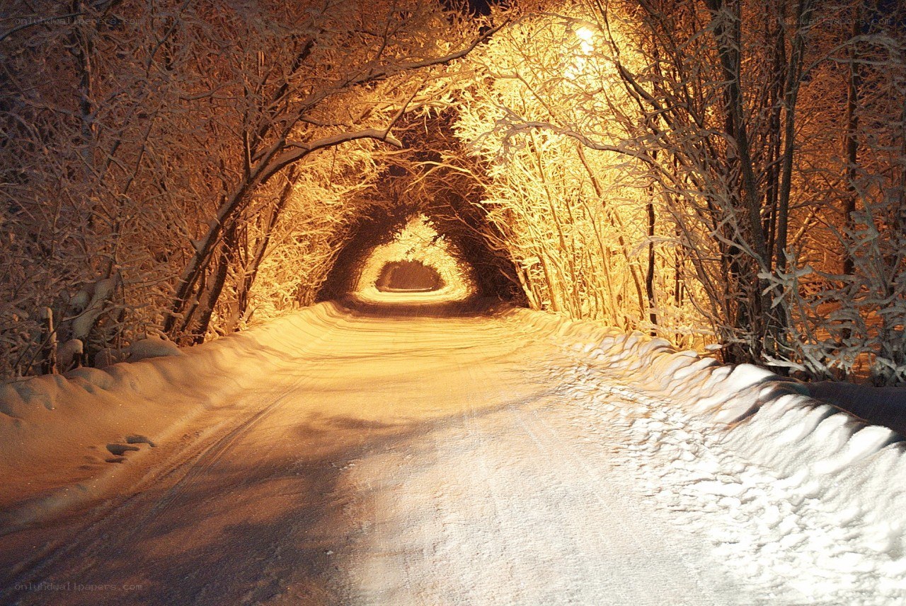 Snowy tunnel at night