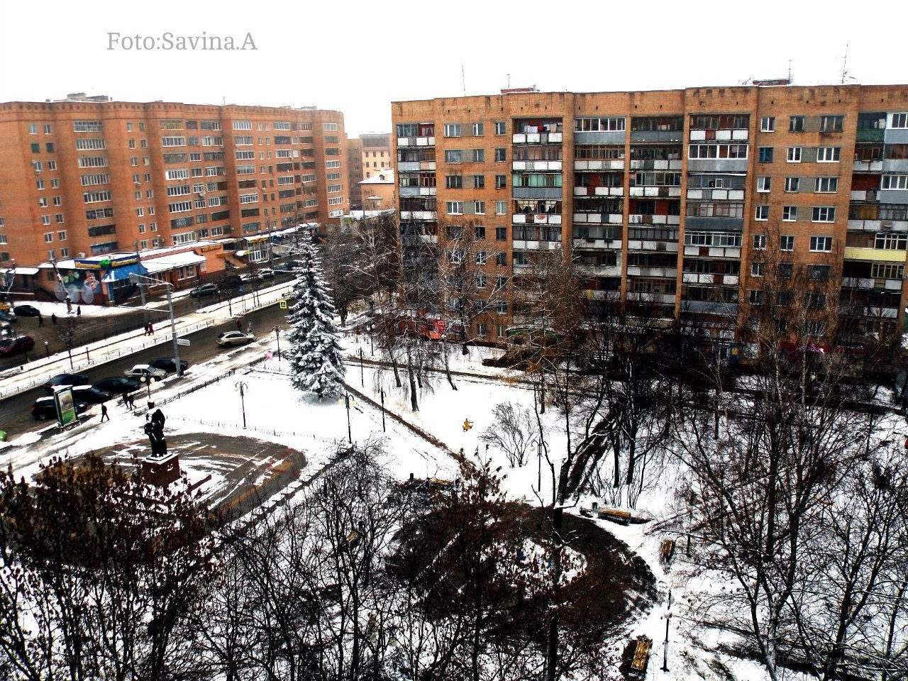 Snowy urban apartment complex