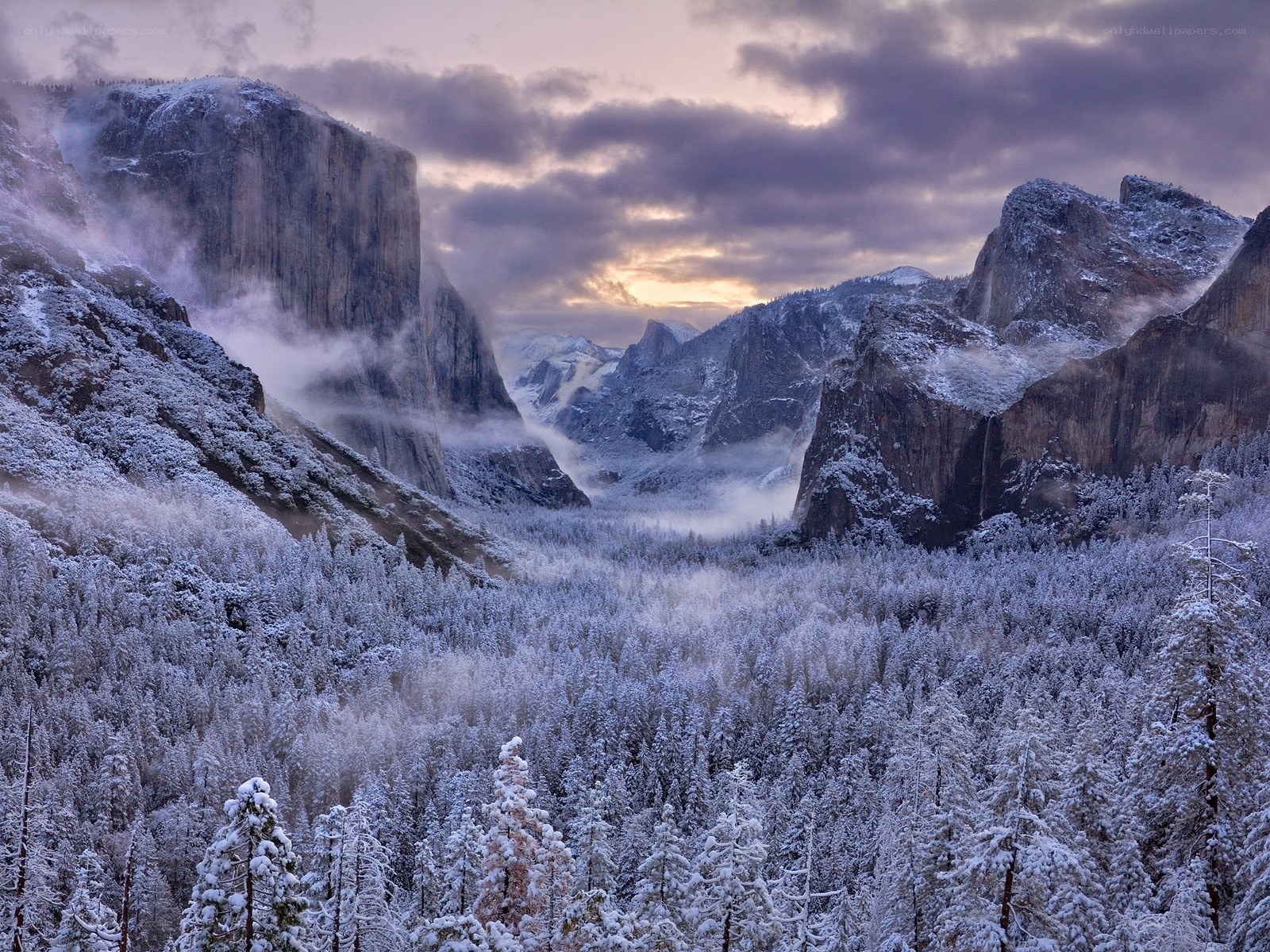 Snowy valley at dawn