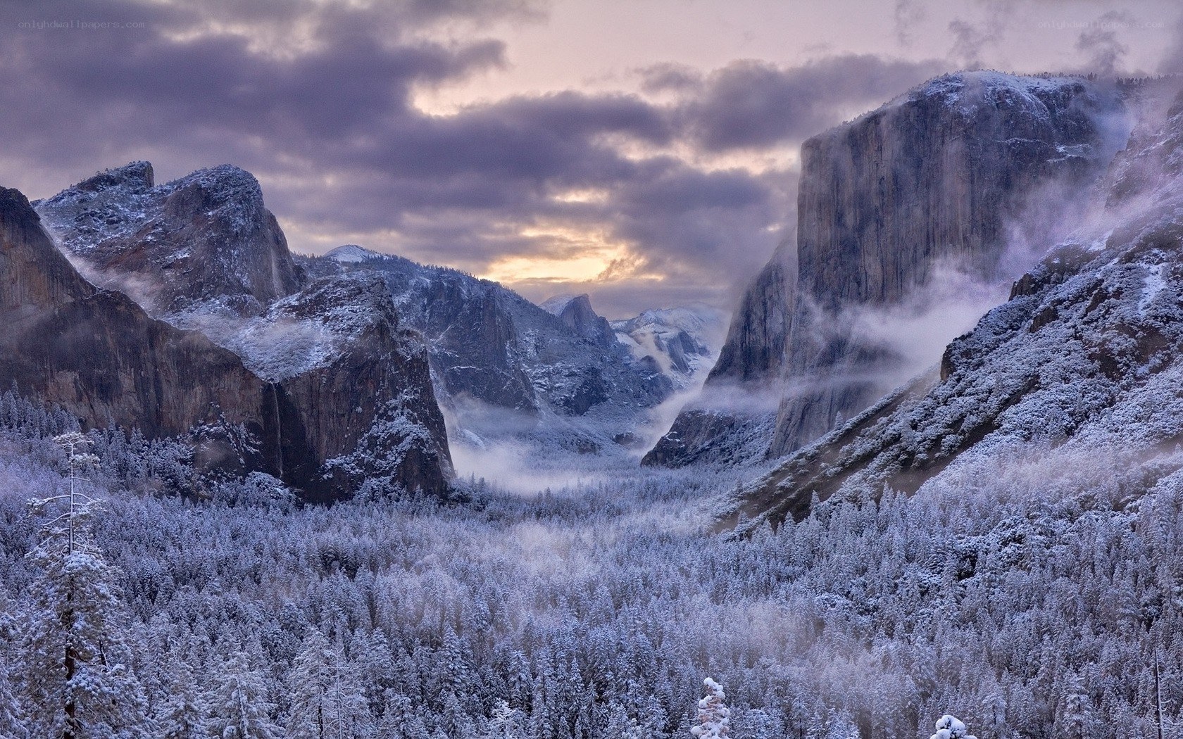 Snowy valley at dawn