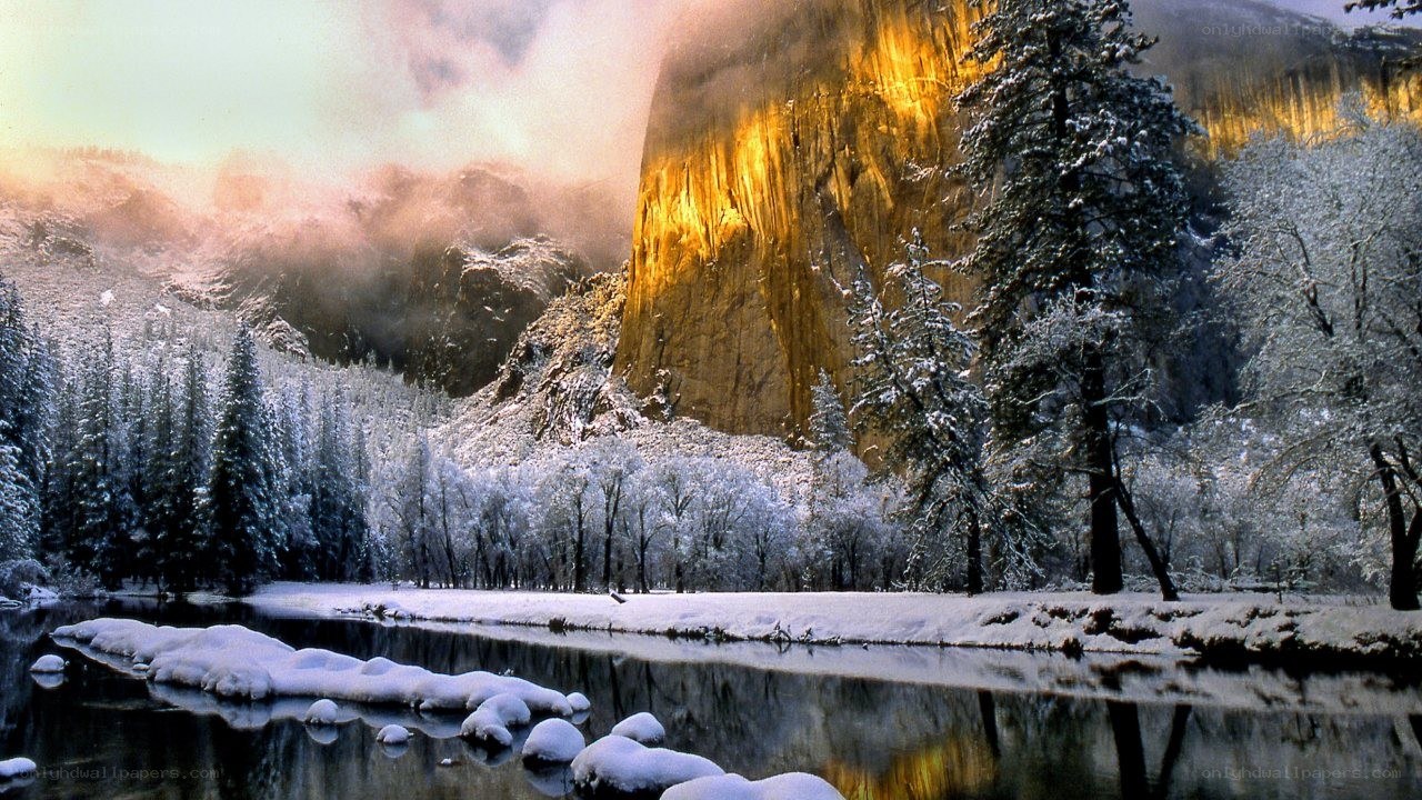 Snowy valley at sunrise