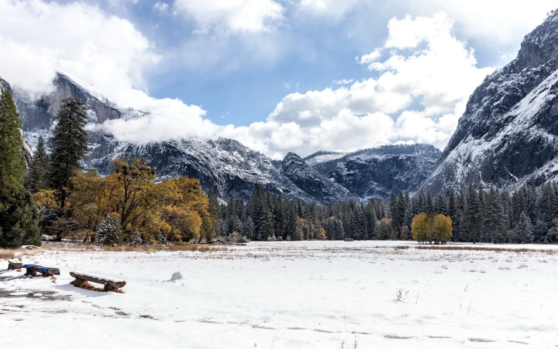 Snowy valley with mountains