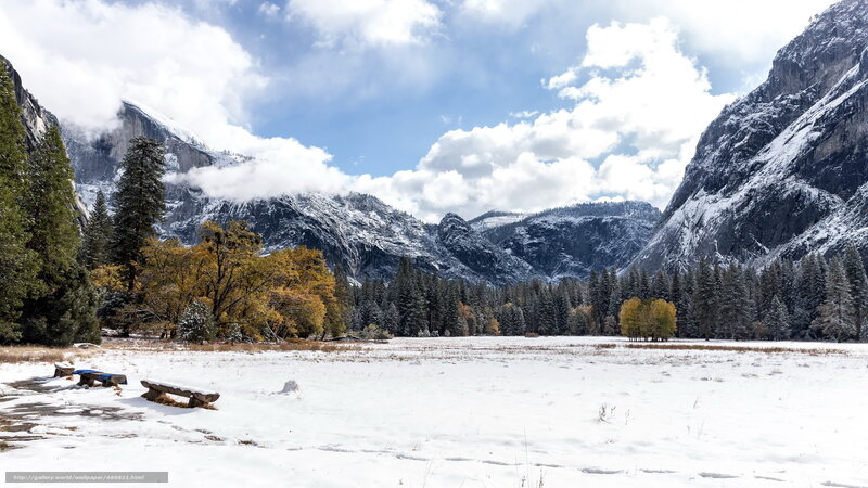 Snowy valley with mountains