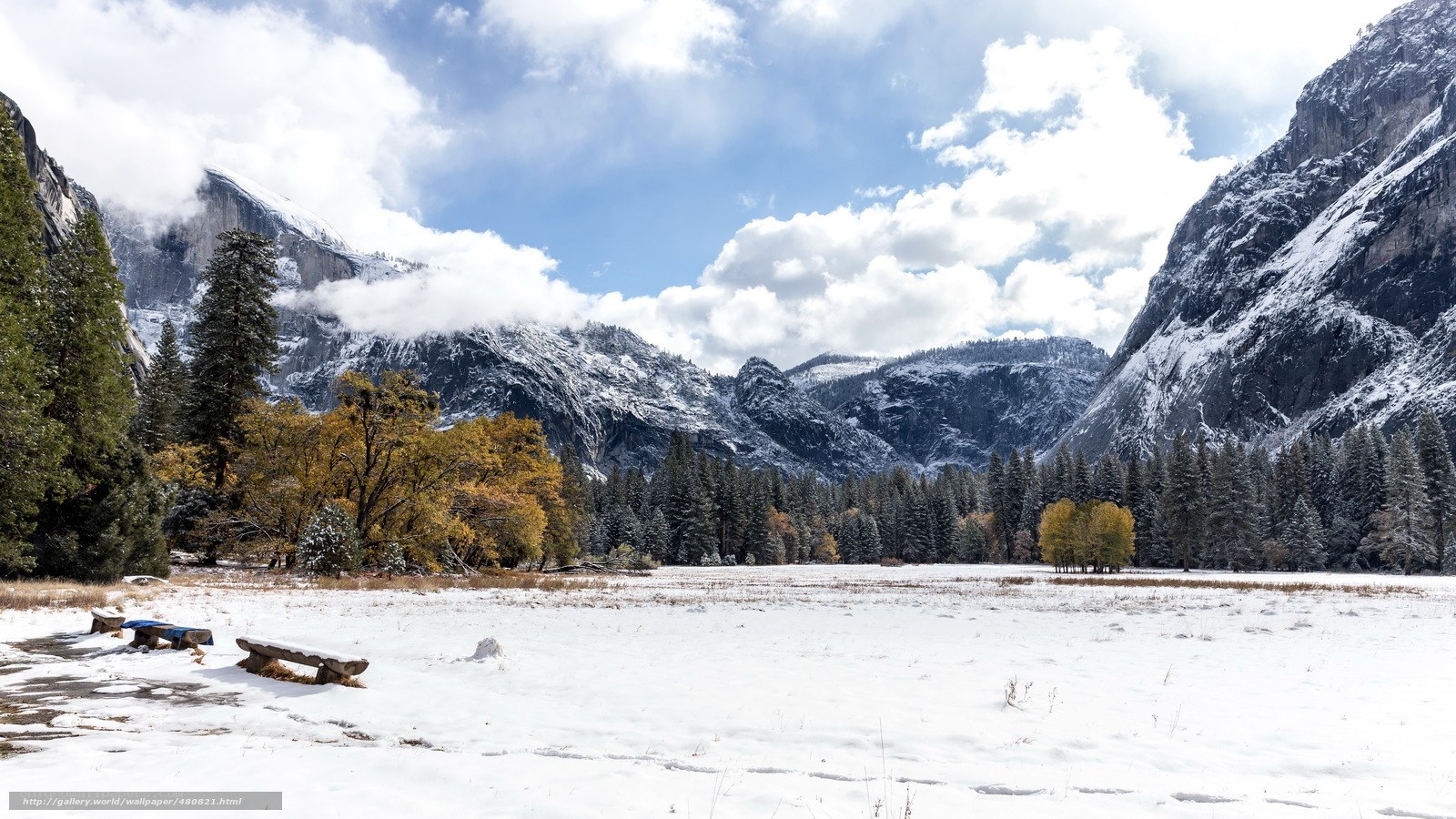 Snowy valley with mountains