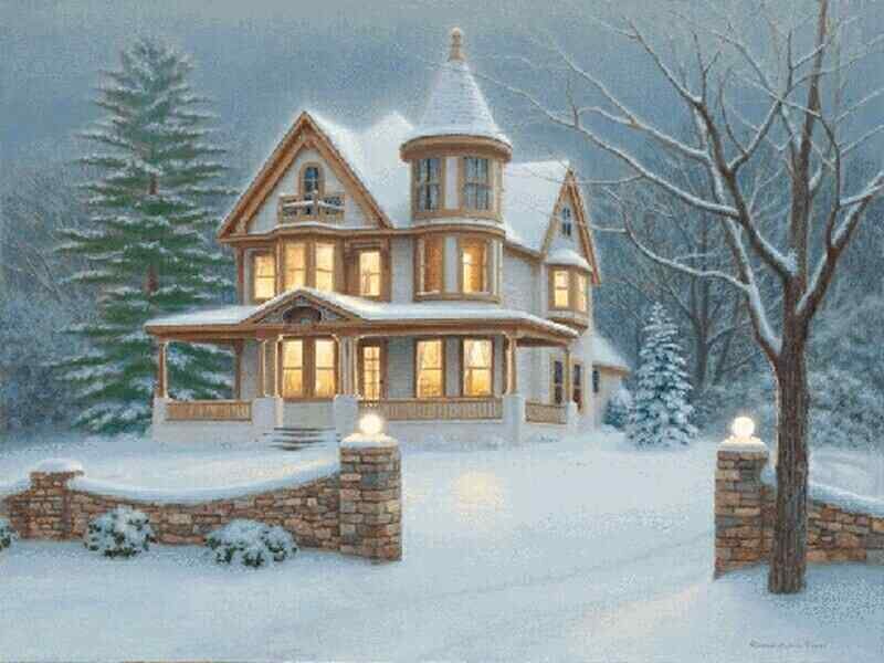 Snowy Victorian House at Night