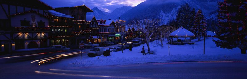 snowy village at dusk