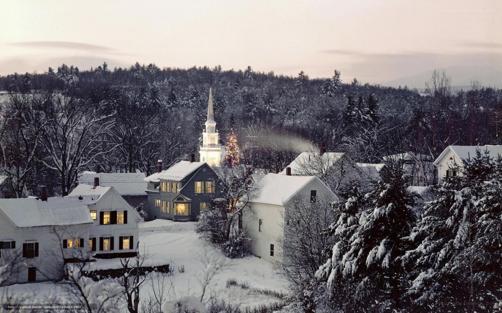 Snowy village at dusk