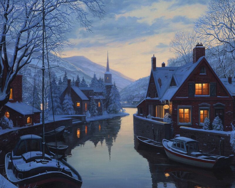 Snowy village at dusk
