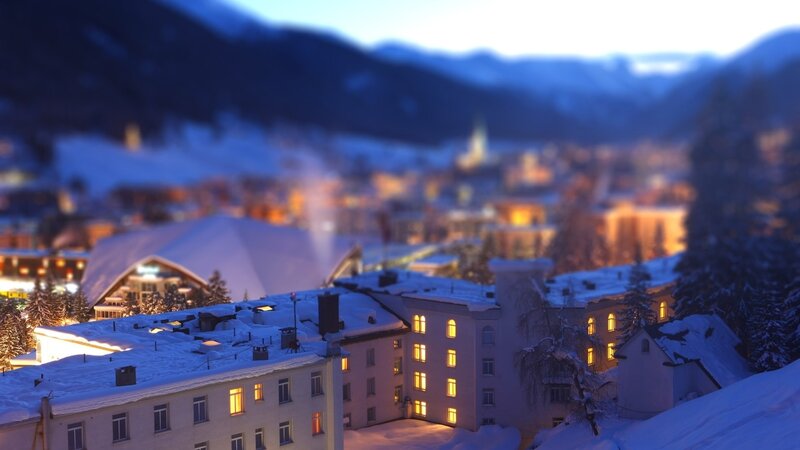 snowy village at dusk