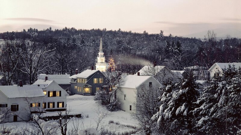 snowy village at dusk