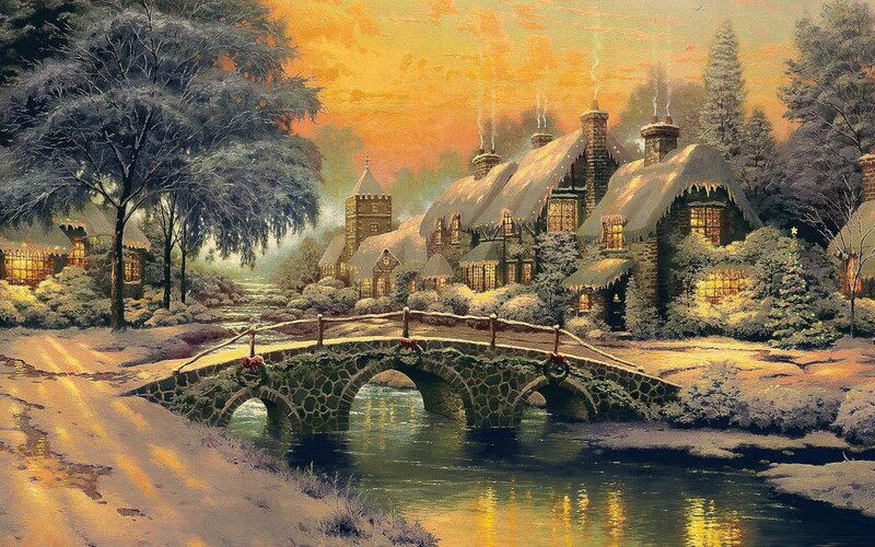 Snowy Village at Dusk — Orange, Peaceful, Winter, Painting