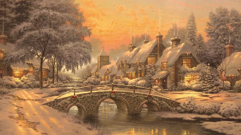 Snowy Village at Dusk — Orange