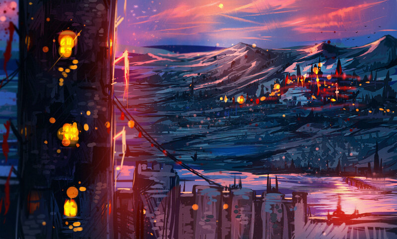 Snowy Village at Dusk — Purple, Dramatic